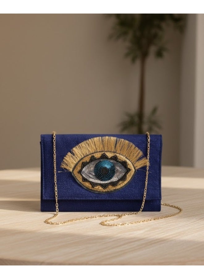zoba Elegant women's wallet bag with a gold chain - can be worn crossbody or clutch - distinctive and luxurious eye design for outings and occasions (navy blue) - Image 1